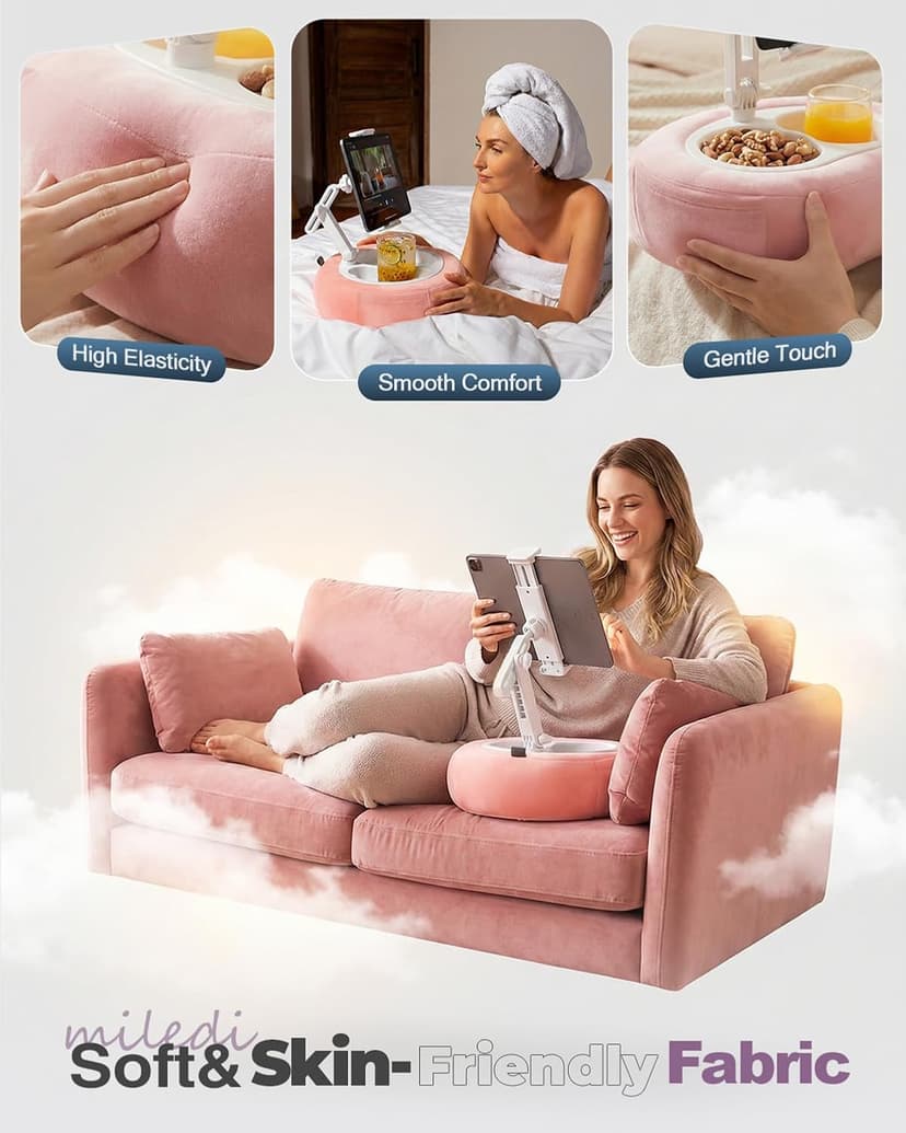 Compatible with Kindle, iPad, Phone and Tablet 5" to 12.9", Soft Plush Fabric, with 2 Snack Bowls, for Reading and Relaxing Miledi Tablet Pillow Stand for Bed with 360° Rotating Holder, Pink B0DJ2NSNFP