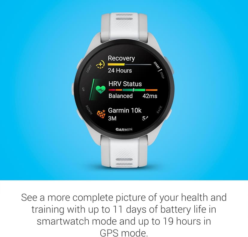 Garmin Forerunner 165, Running Smartwatch, Colorful AMOLED Display, Training Metrics and Recovery Insights, Whitestone