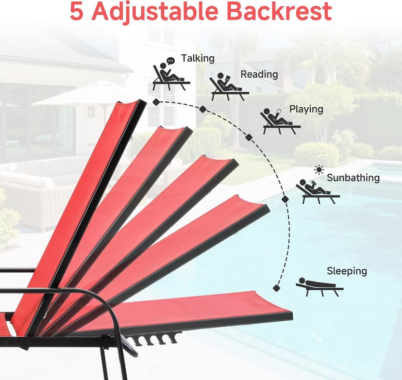 NEWBULIG Outdoor Lounge Chair for Pool, Chaise Lounge Chairs with 5-Position Recliner,350 lbs Heavy Duty Patio Pool Chair, Outdoor Sun Chairs with Metal Frame for Backyard, Classic Red