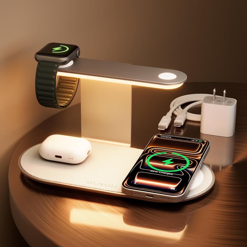 GUSGU 3 in 1 Charging Station for MagSafe Wireless Charger with Three-Level Night Light, 15W Max Fast Charging for iPhone 17/16/15/14/13/, Apple Watch Series 2-11/SE 3/ Ultra 3, AirPods Pro 3-Gray