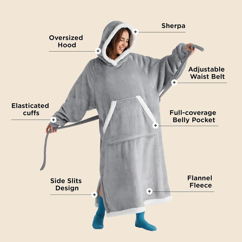 Bedsure Wearable Blanket Hoodie, Long Hooded Blanket Sweatshirt as Birthday Gifts for Women, Cozy Sherpa Hoodie for Adult, Standard, Grey