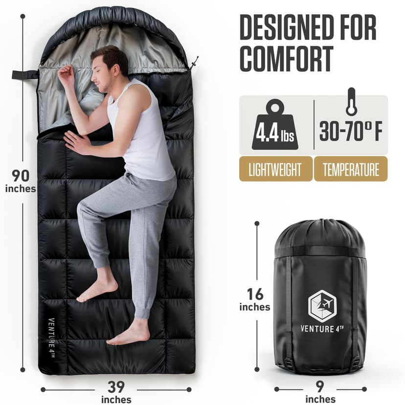 VENTURE 4TH Backpacking Sleeping Bag – XXL, Double and Single Sizes - Lightweight Warm & Cold Weather Sleeping Bags for Adults, Kids & Couples – Ideal for Hiking, Camping & Outdoor Adventures