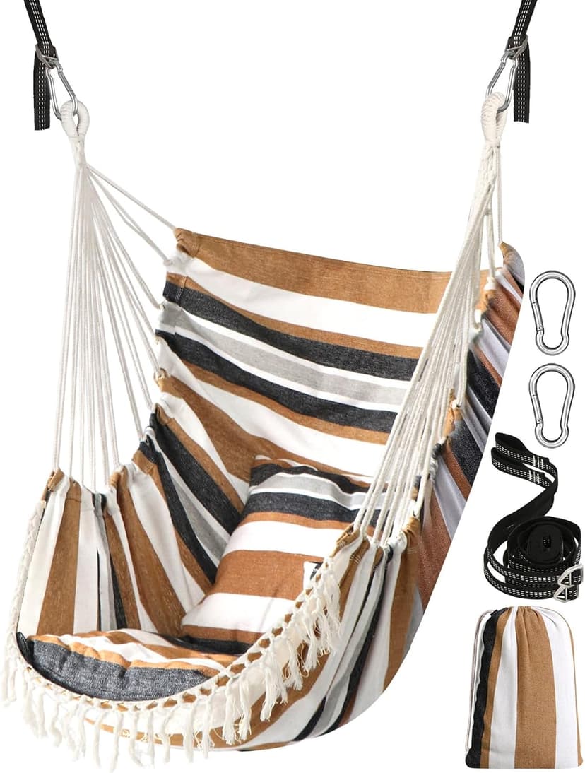 Chihee Hammock Chair Hanging Swing 2 Pillows Included,Strong Webbing Straps and Hooks for Easy Hanging Soft Cotton Hanging Chair Side Pocket Tassel Chair Comfort Indoor Outdoor Brown Stripes