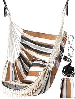 Chihee Hammock Chair Hanging Swing 2 Pillows Included,Strong Webbing Straps and Hooks for Easy Hanging Soft Cotton Hanging Chair Side Pocket Tassel Chair Comfort Indoor Outdoor Brown Stripes