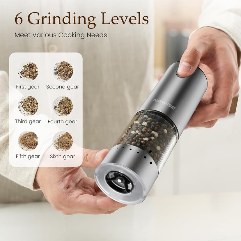 Salt and Pepper Shakers with Adjustable Coarseness, LED Lights, Large Capacity, Kitchen Appliances Gifts for Women Newise Electric Salt and Pepper Grinder Set, Rechargeable, Stainless Steel B0CZCNDWYB
