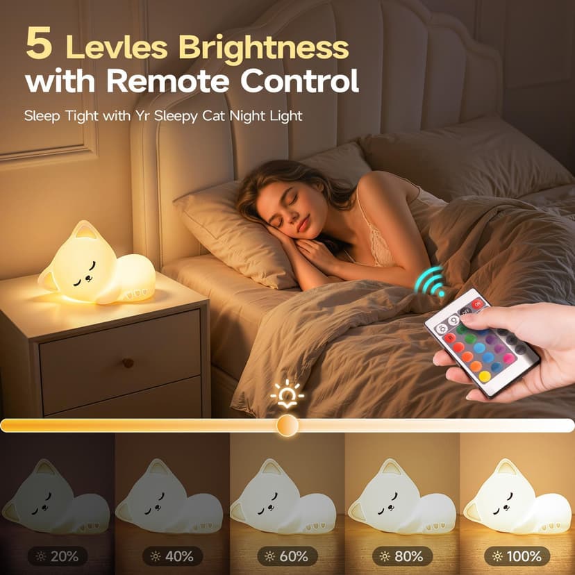 5-Level Dimmable Tap Night Light with Rechargeable Battery. Cute Stuff,Cat Room Decor & Gifts for Women,Adults, Teens & Kids. Mubarek Sleepy Cute Cat Gifts - 16-Color Silicone Night Light with Remote B0D8QGT88D