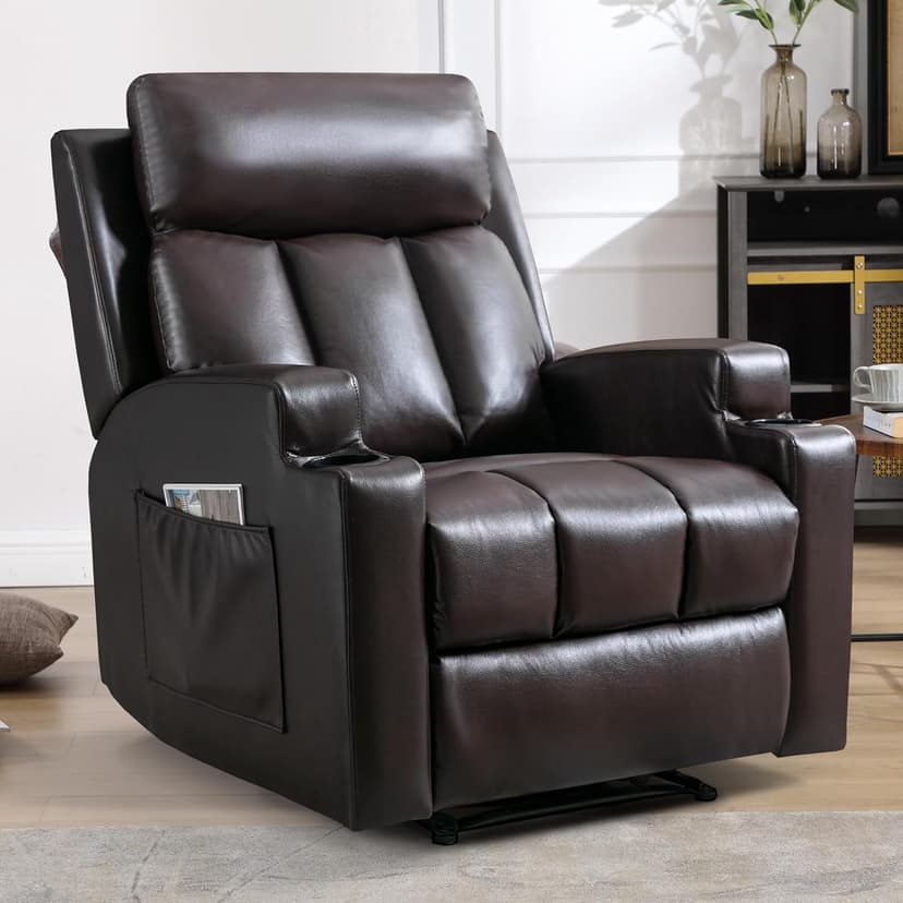 CANMOV Manual Recliner Chair with Massage and Heat,Breathable Leather Recliner Chair with Armrest and Backrest, Manual Reclining Single Sofa with 2 Cup Holders, Side Pocket for Living Room,Dark Brown