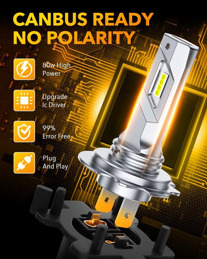 OXILAM H7 LED Light Bulb, 60000LM 10X Brighter 6500K White, Anti-Flicker, 60,000Hrs Lifespan, Plug and Play, H7 Fog Compatible with Cars Trucks SUVs, Pack of 2