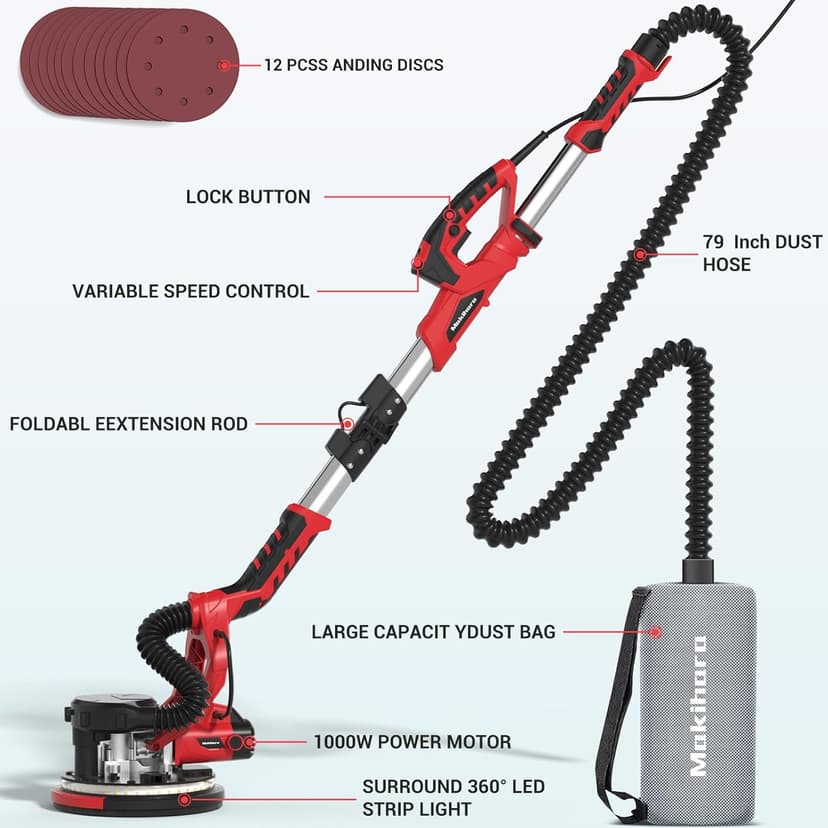 Drywall Sander, Popcorn Ceiling Removal Tool, 1000W Drywall Sander with Vacuum Dust Collector, 6 Variable Speed 500-2000rpm, 18pcs Sanding Discs, Led Light, Foldable & Extendable Handle