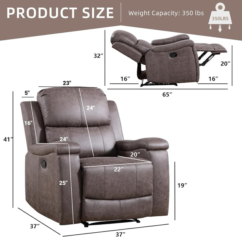 IOMOR Leather Recliner Chair, Manual Recliner Chair for Adults with Overstuffed Arms and Back, Single Sofa Recliner with Cup Holders for Living Room (1, Grey)