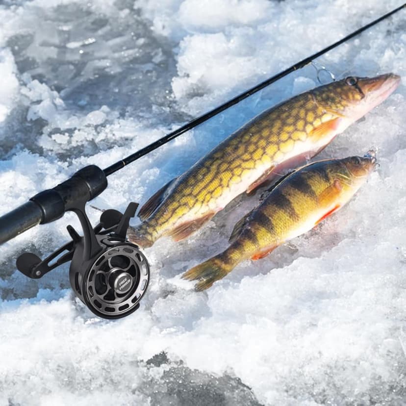 FREE FISHER Ice Fishing Reels 3.2:1 Gear Ratio Ultra Smooth 3+1Ball Bearings Strength CNC-machined Aluminum Inline Ice Fishing Reel with Left/Right Hand Retrieve