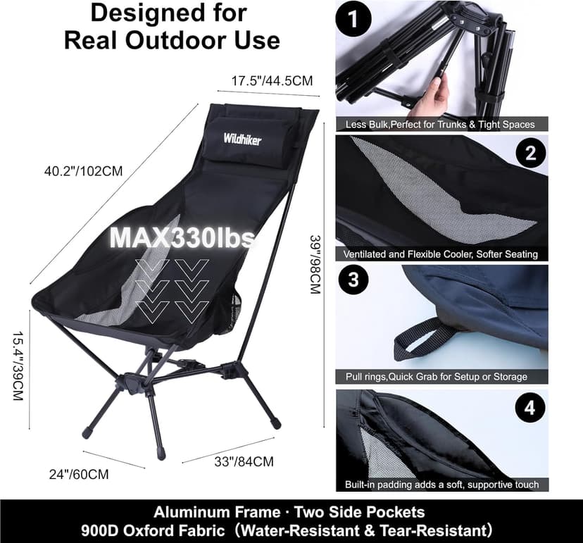 Wildhiker Portable Compact Folding Camping Chairs – Lightweight High Back with Pillow, Deep Recline, ArmPads, Side Pockets-for Motorcycle, RV, Backpacking, Travel, Festival – Black