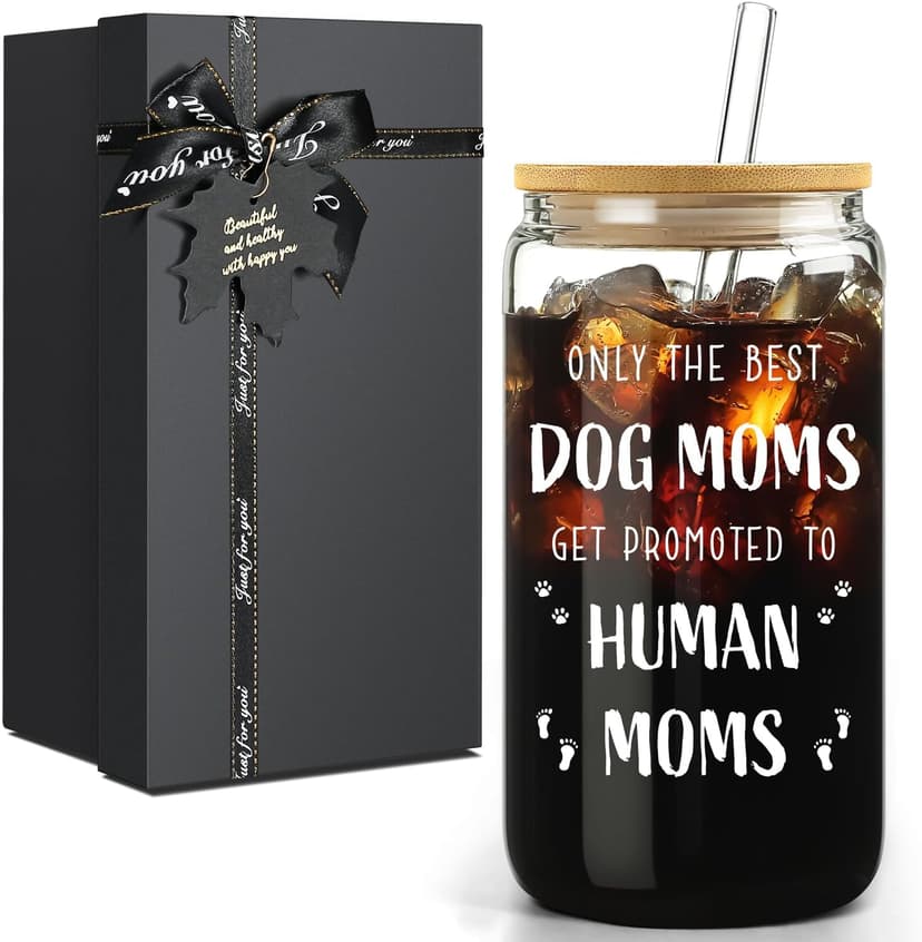 New Mom Gifts for Pregnant Women, 16oz Drinking Glass Cup with Lid and Straw, Funny Dog Mom Pregnancy Gift for Expecting Mom, Mother to be - Postpartum, Mothers Day, Birthday Gifts for First Time Moms