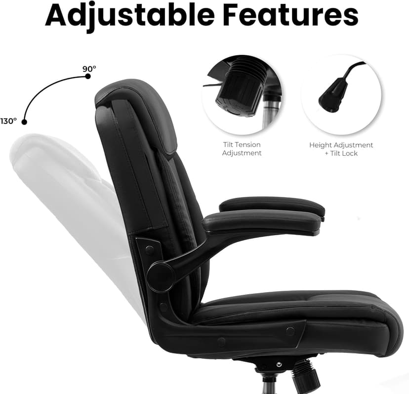 NEO CHAIR Desk Office Gaming Computer Chair Ergonomic Executive Mid-Back Leather with Adjustable Padded Flip-Up Armrests Cushion Wheels Swivel for Home Study Task (Black White)
