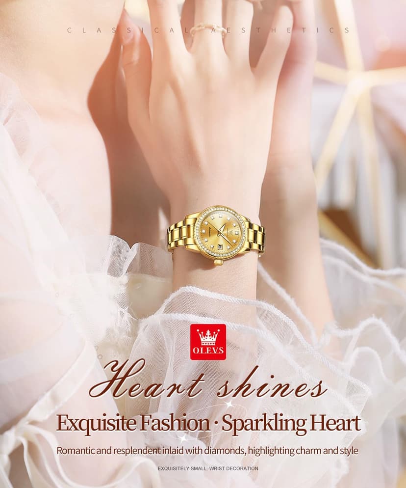 OLEVS Womens Diamond Watches Automatic Mechanical Gold Luxury Dress Ladies Self Winding Original Stainless Steel Wrist Watch