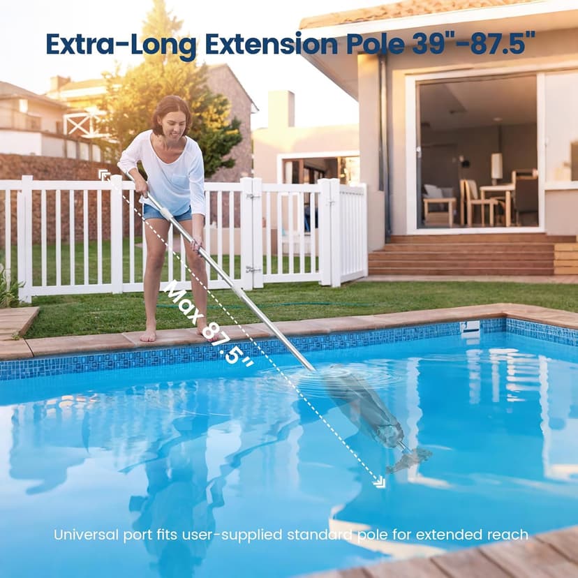 Cordless Pool Vacuum for Above Ground Pool with Telescopic Pole, 18.5 GPM Powerful Suction, Upgraded 60 Mins Runtime, Rechargeable Handheld Pool Cleaner with 2 Brush Heads for Inground Pools