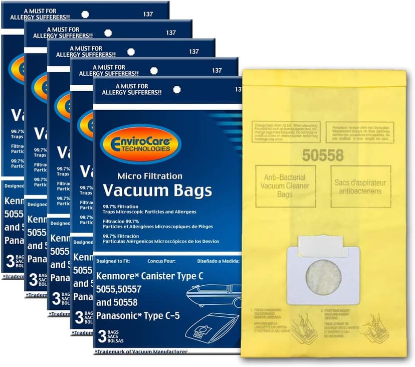 Envirocare Replacement Vacuum Bags Compatible with Kenmore Canister Type C/Q. 5055, 50557 and 50558 Panasonic Type C-5 Vacuums,15 pack
