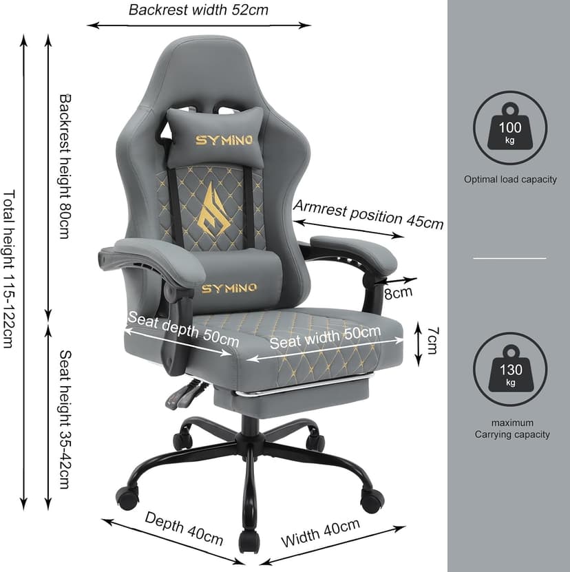 Symino Gaming Chair with Footrest, Linkage Armrests & 10cm Thick Seat, PU Leather Ergonomic Computer Chair, 150° Recline Office Chair, Grey