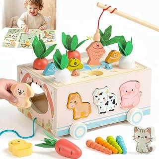 with Fishing Game, Pull-Along Storage Cart, Gears & Play Mat for Fine Motor Play First Birthday Gift for Boys & Girls Ages 1+ Fajiabao Wooden Montessori Toys for 1 Year Old, 7-in-1 Farm Activity Toy B0GL66PD6W