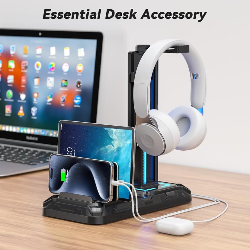 KDD Headset Stand with Charging Station - Detachable Controller Holder with 9 Light Modes - Rotatable Headphone Hanger with USB A&C Charger Ports - Earphone Hook for PC Gaming Accessories Storage B0DGGH8KN1