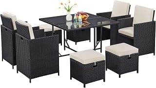 Yaheetech 9-Piece Patio Dining Sets, Outdoor Space Saving Rattan Chairs with Glass Table, Wicker Sectional Conversation Furniture Set with Removeable Cushions, Black/Beige