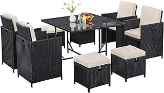 Yaheetech 9-Piece Patio Dining Sets, Outdoor Space Saving Rattan Chairs with Glass Table, Wicker Sectional Conversation Furniture Set with Removeable Cushions, Black/Beige