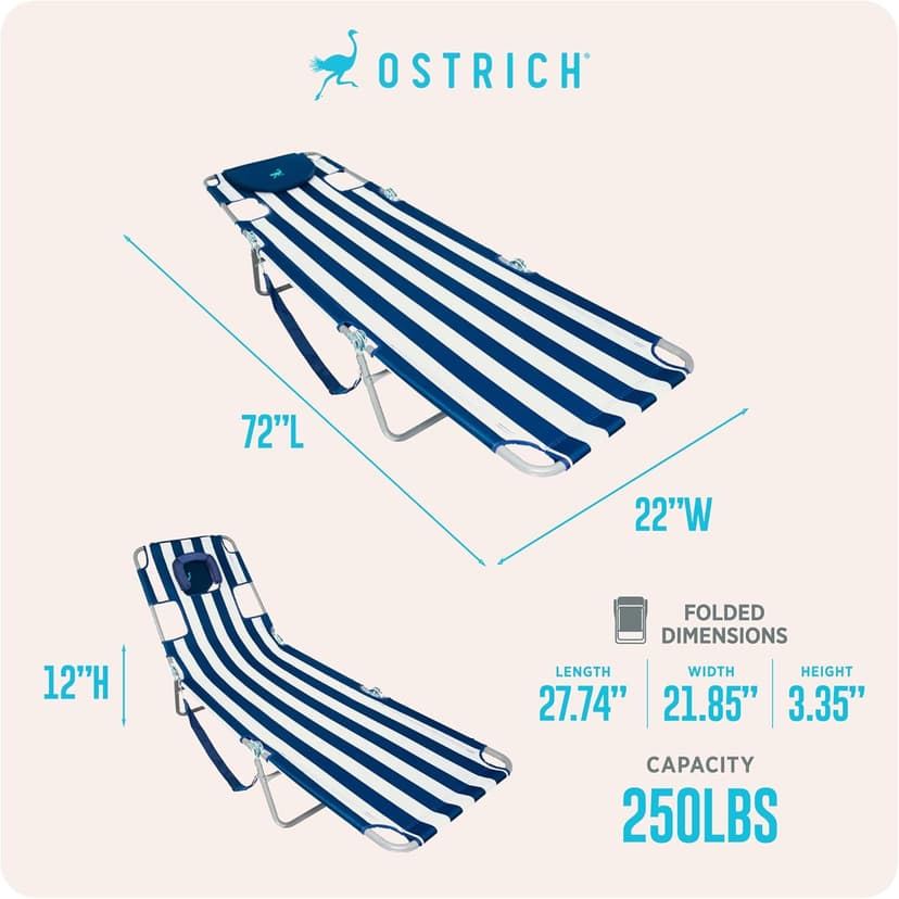 Ostrich The Original Chaise Lounge Portable Reclining Beach Chair, Blue Stripe - Bundled with Custom Fitted Towel Cover, White