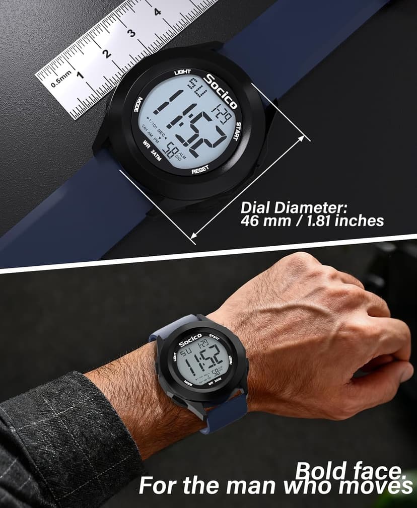 SOCICO Mens Digital Watch Sports Waterproof Outdoor Large Face Military Watches with Stopwatch Back Light Alarm Date Display