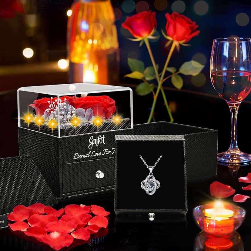 2 Preserved Rose Gift for Women - Eternal Rose with I Love You Necklace - Romantic Birthday Gifts for Girlfriend Mom Her Wife Grandma on Valentines Mothers Day Anniversary Christmas-Red