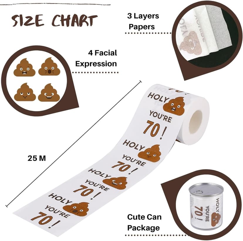 Happy Birthday Gifts for Boys Son and Girls - 3-Ply Funny Toilet Paper Roll, Birthday Toilet Paper Gag Funny Birthday Gift Novelty for Birthday Party Decorations Eighteenth Party Supplies (70th Years)