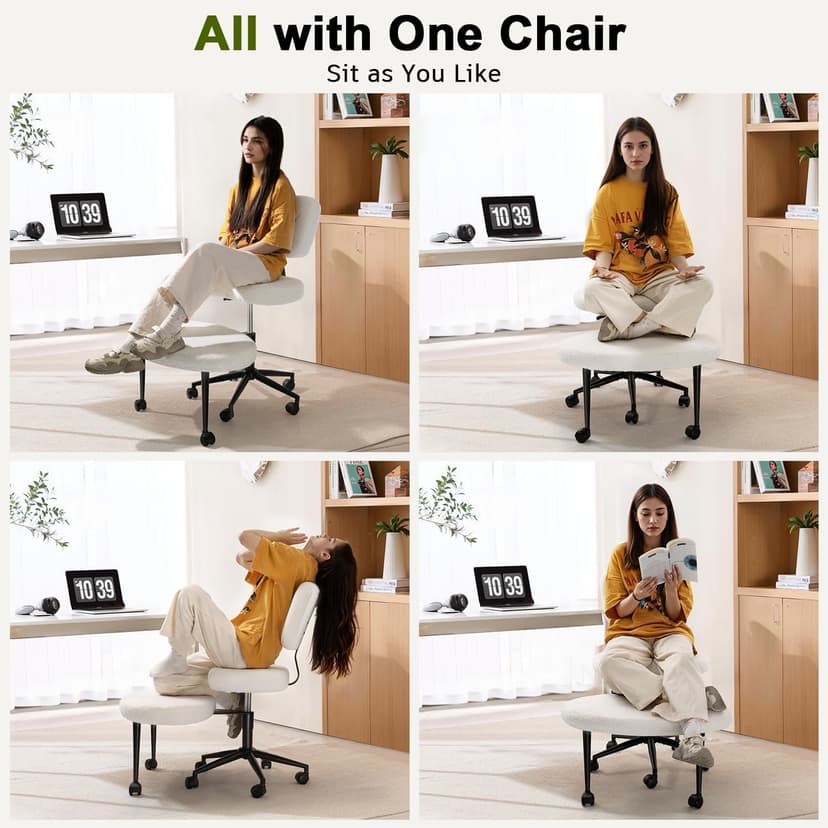 Waleaf Ergonomic Cross Legged Office Chair with Wheels, ADHD Chair for Adults, Meditation Chair, Yoga Office Chair, Kneeling Chairs with Comfortable Back Support, Height Adjustable, Teddy Fabric