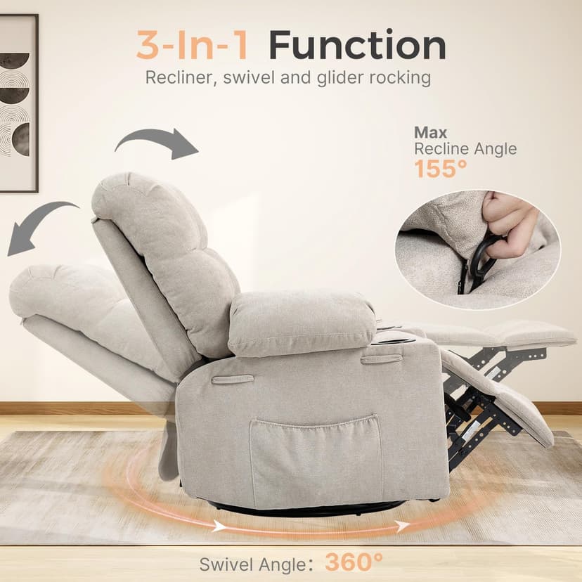 Quiet Massage Recliner Chair with Heat, 360 Swivel Rocker Glider for Nursing, Back Pain Relief, Manual Overstuffed Single Sofa with Cup Holders & Side Pockets, Oatmeal Gray