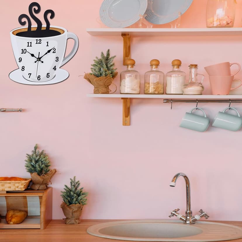 Fomaris Kitchen Clock Coffee Cup Wall Decor, Cafe Decorative Kitchen Wall Clocks Battery Operated for Home Office