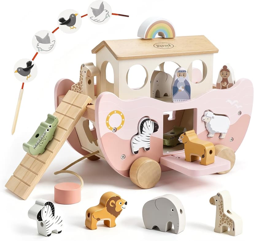Montessori Educational Toy, Animal Shape Sorter, Christian Toys for Toddler Boy 1-3 Years Old, Christmas Birthday Gift Joyreal Pink Wooden Noah's Ark Toy for 1 Year Old Baby Girl Baptism Gifts B0GCYH2DBZ