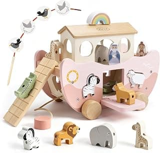 Montessori Educational Toy, Animal Shape Sorter, Christian Toys for Toddler Boy 1-3 Years Old, Christmas Birthday Gift Joyreal Pink Wooden Noah's Ark Toy for 1 Year Old Baby Girl Baptism Gifts B0GCYH2DBZ