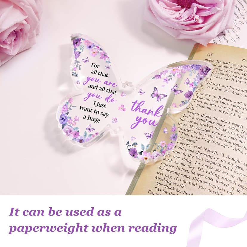 Thank You Gifts for Women, Appreciation Gifts for Teacher Employee Coworker Nurse Friend, 5x3.8x0.5 Inch Purple Butterfly Acrylic Plaque Decor, Graduation Wedding Thank You Grateful Gift Bulk