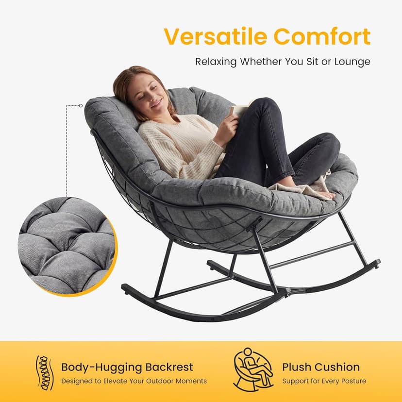 Outdoor Rocking Chair with 5.5" Thick Cushion, Oversized Egg Lounge Chair with Water-Repellent & UV-Resistant Fabric, 450 Lbs Heavy Duty for Patio, Living Room, Garden, Bedroom