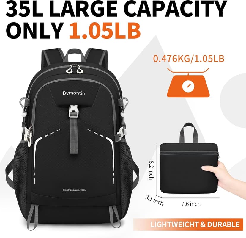 35L Lightweight Packable Backpack – Durable Foldable Daypack for Travel, Hiking, and Gym (Black)