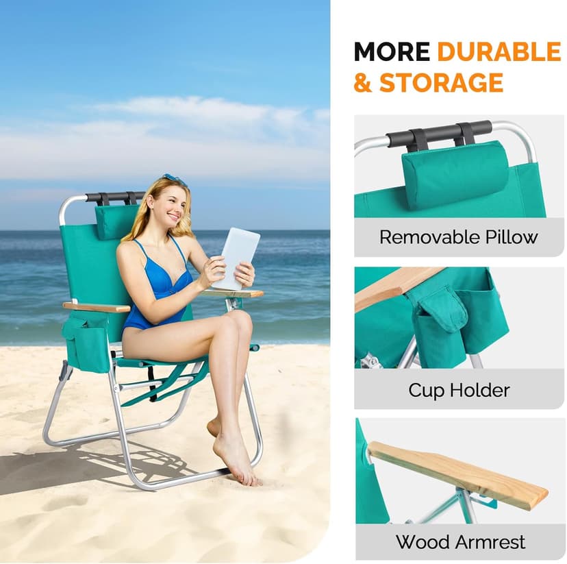 VINGLI 17" Tall Beach Chair, Aluminum Backpack Beach Chairs for Adults, Portable with Adjustable Straps, 3-Position Reclining, Cup Holder, High Lightweight Beach Chairs for Beach,Green