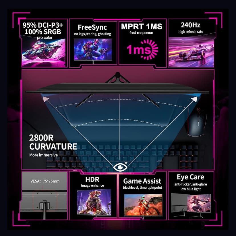 ZZA 25" Curved Gaming Monitor, 240Hz|144Hz FHD(1920 * 1080P) VA Screen Computer Monitor, Supports Freesync, 120% sRGB, Blue Light Filter,AMD Freesync, Wall Mountable Installs(HDMI 1.4/DP 1.2)