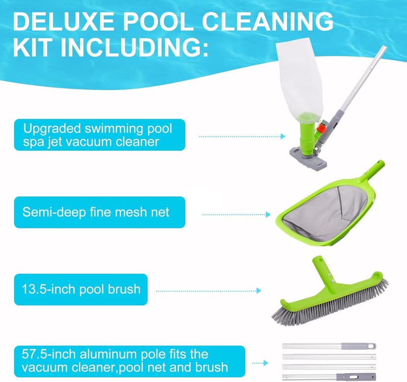 Sepetrel Deluxe Swimming Pool Cleaning Kit with Spa Jet Vacuum Cleaner,Brush, Semi-deep Skimmer Net & Adjustable 57.5-inch Pole,Ideal for Cleaning Above Ground,Inflatable Pools