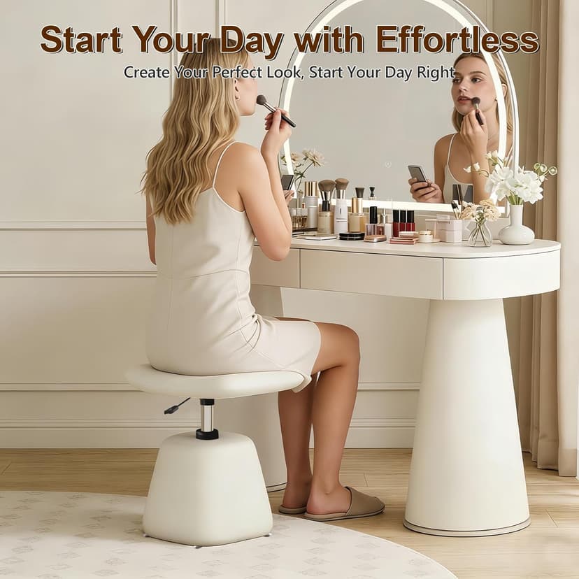 Modern Small Vanity Chair with Armless for Small Space, Entryway, Cute Swivel Makeup Chair with Adjustable Height, PU Leather Upholstered Home Office Desk Chair for Living Room, Bedroom, Vanity