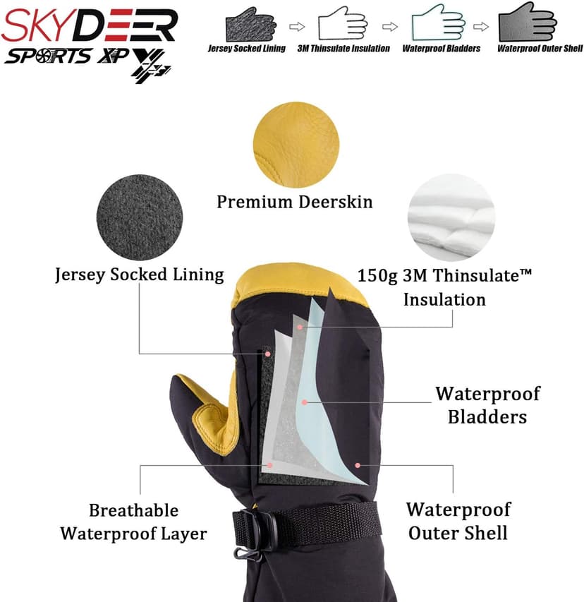 SKYDEER Waterproof and Windproof Genuine Deerskin Leather Ski Gloves with 150G 3M Thinsulate Insulation (SD8648T)
