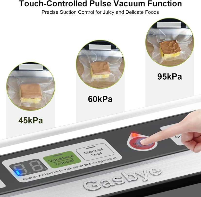 Gasbye Vacuum Sealer Machine, 95kPa Food Sealer with Double Heat Seal for Dry/Moist Food, Easy-lock Handle, Built-in Bag Storage & Cutter, Progress Display, Removable Drip Tray, Silver