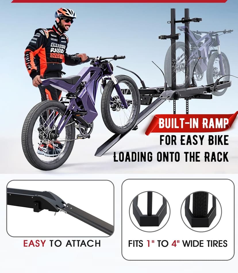 Ebike Rack with Ramp, Foldable Bike Rack for Tow Hitch, Heavy Duty Bike Carrier for 2 Fat Tire Bikes with 300LBS Load Capacity - Fits SUV, Truck, Trailer, RV