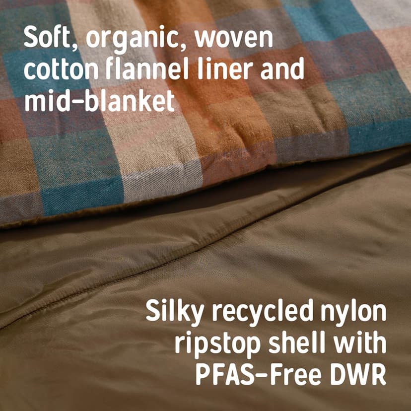 Kelty Wayback Flannel Lined Sleeping Bag, Built in Blanket, Traditional Rectangle Shape, Organic Flannel Cotton Liner, Dual Locking Slide Zips