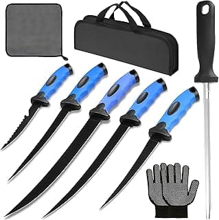 Fish Fillet Knife Set, For Trout Fishing Catfish Cleaning and Meat Cutting, Stainless Steel Blade , Includes 5", 6", 7", 9", XL 9" knife, Sharpening Rod, Glove, Towel, Storage Bag. For Kitchen, Boat
