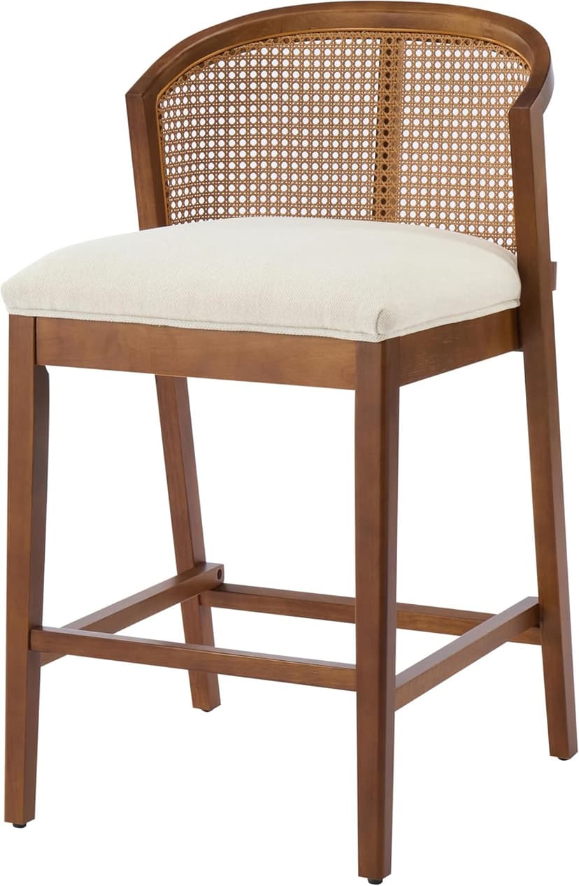 Christopher Knight Home JENA Rattan Counter Stools Set of 2, Counter Height Bar Stools for Bar Table, Rubberwood Frame with Upholstered Barstools, Wood Accent Chair with Footrest, Beige + Walnut