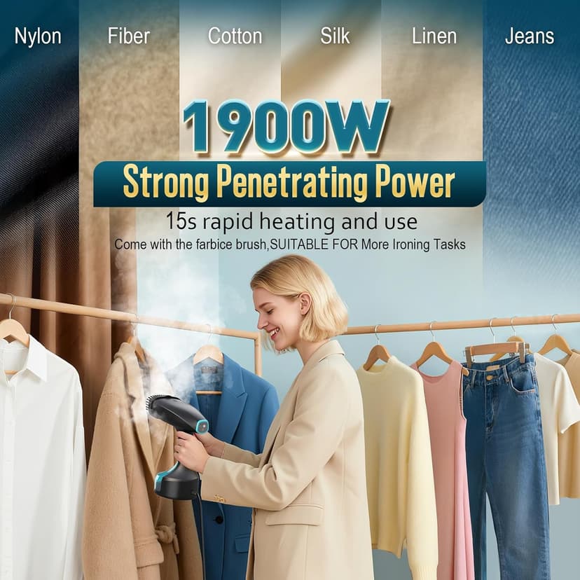Steamer for Clothes, 1900W Strong Penetrating Steam Portable Handheld Garment Steamer Clothes Steamer with 3 Steam Settings, Fabric Brush, 300ml Big Capacity, Travel Steamers Iron Safe Removes Wrinkle