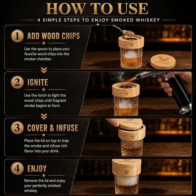 Bourbon Whiskey Smoker Kit with Torch - Old Fashioned Cocktail Smoker Kit with 2 Whiskey Glasses, 6 Wood Chips - Valentines Anniversary Birthday Gifts for Men Dad Husband Boyfriend (No Butane) B0F4N3FSH4